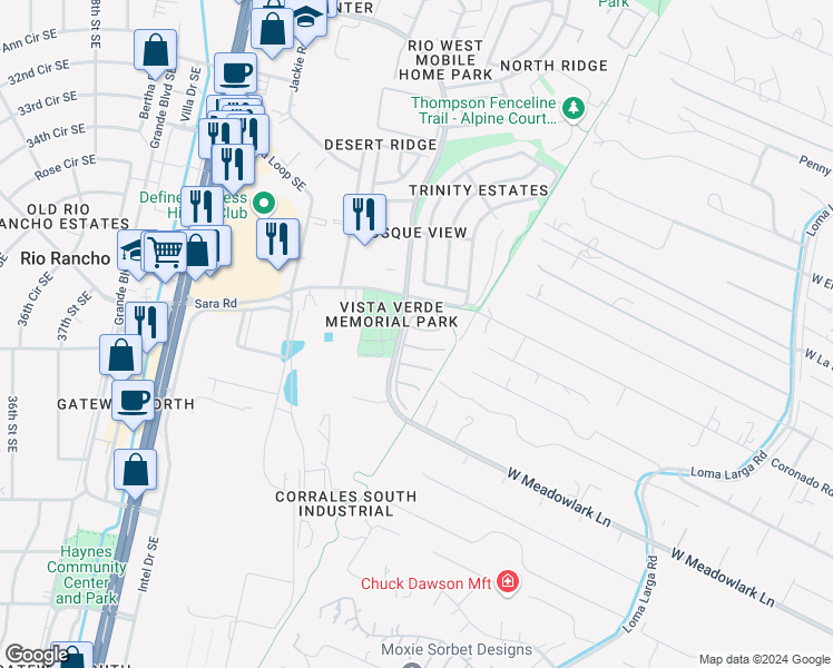 map of restaurants, bars, coffee shops, grocery stores, and more near 4408 Desert Lily Court Southeast in Rio Rancho