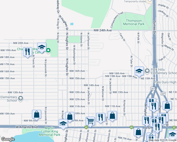 map of restaurants, bars, coffee shops, grocery stores, and more near 800 Northwest 16th Avenue in Amarillo
