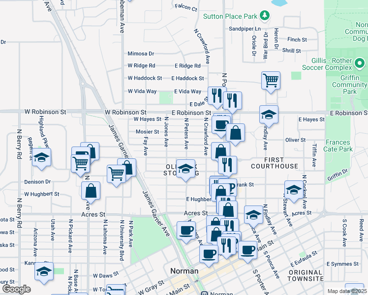 map of restaurants, bars, coffee shops, grocery stores, and more near 134 East Himes Street in Norman