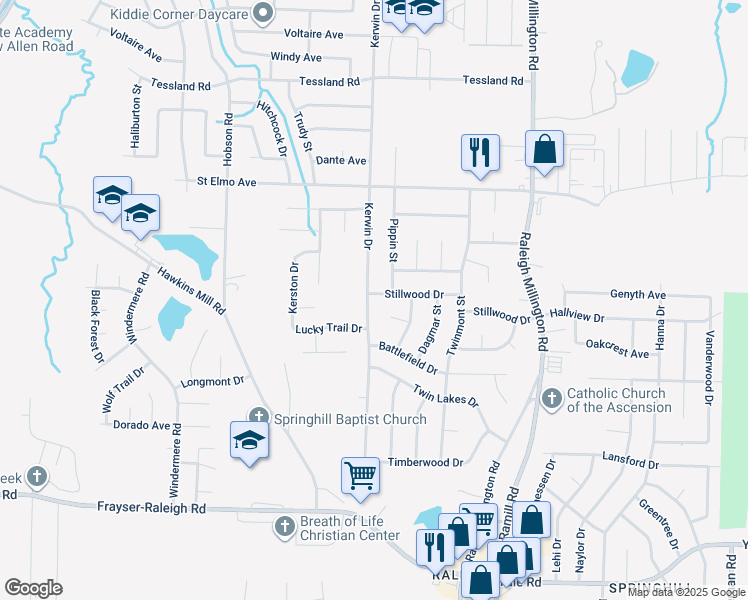 map of restaurants, bars, coffee shops, grocery stores, and more near 3838 Kerwin Drive in Memphis