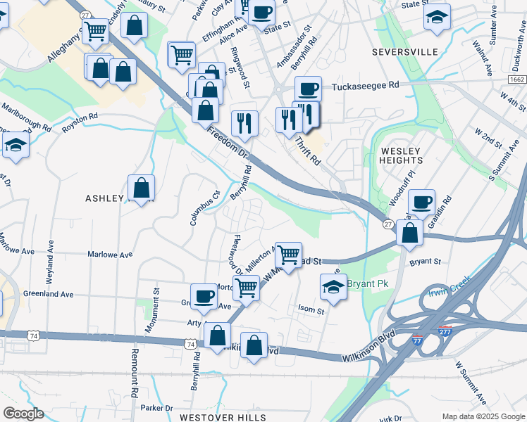 map of restaurants, bars, coffee shops, grocery stores, and more near 3610 Dolly Madison Road in Charlotte