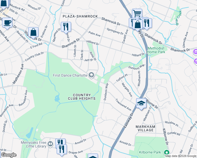 map of restaurants, bars, coffee shops, grocery stores, and more near 3717 Country Club Drive in Charlotte