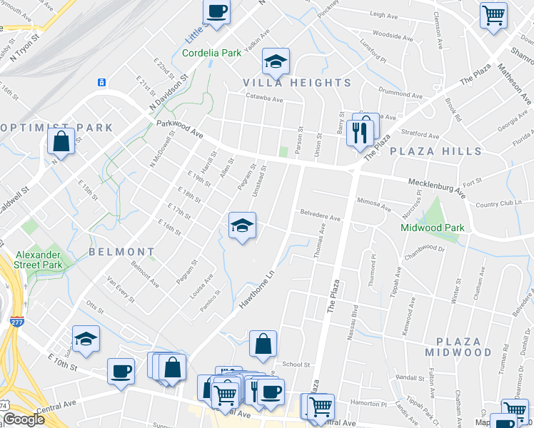 map of restaurants, bars, coffee shops, grocery stores, and more near 1305 Kennon Street in Charlotte