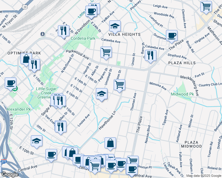 map of restaurants, bars, coffee shops, grocery stores, and more near 1305 Kennon Street in Charlotte