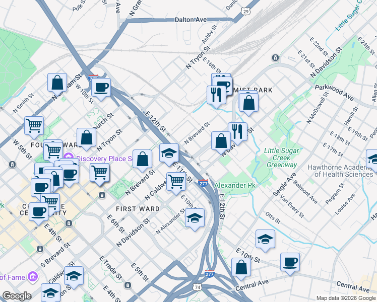 map of restaurants, bars, coffee shops, grocery stores, and more near in Charlotte