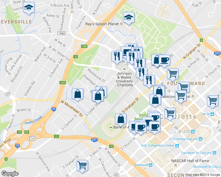 map of restaurants, bars, coffee shops, grocery stores, and more near in Charlotte