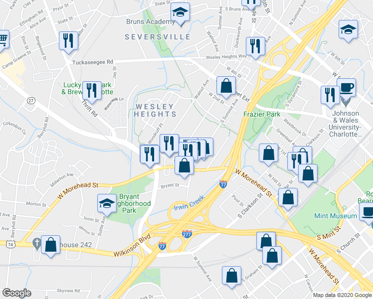 map of restaurants, bars, coffee shops, grocery stores, and more near 716 Grandin Road in Charlotte