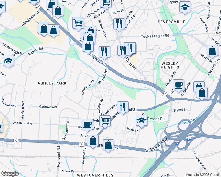 map of restaurants, bars, coffee shops, grocery stores, and more near 3610 Dolly Madison Road in Charlotte