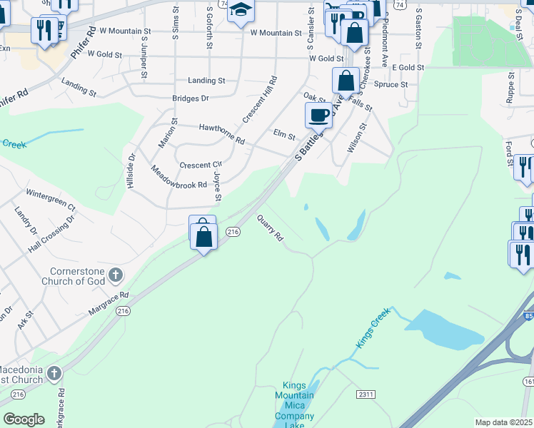 map of restaurants, bars, coffee shops, grocery stores, and more near 701 South Battleground Avenue in Kings Mountain