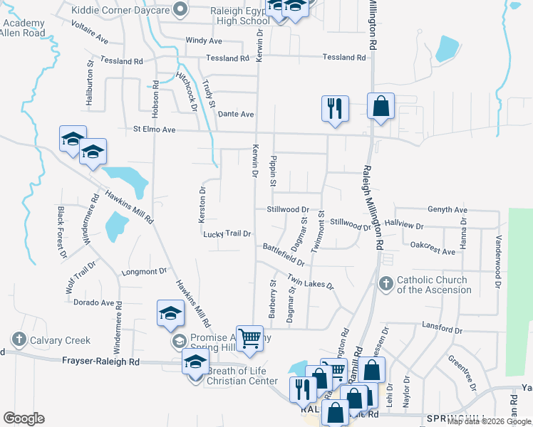 map of restaurants, bars, coffee shops, grocery stores, and more near 3838 Kerwin Drive in Memphis
