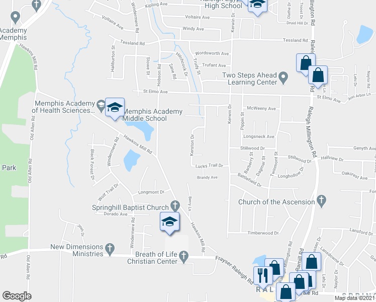map of restaurants, bars, coffee shops, grocery stores, and more near 3839 Kerston Drive in Memphis