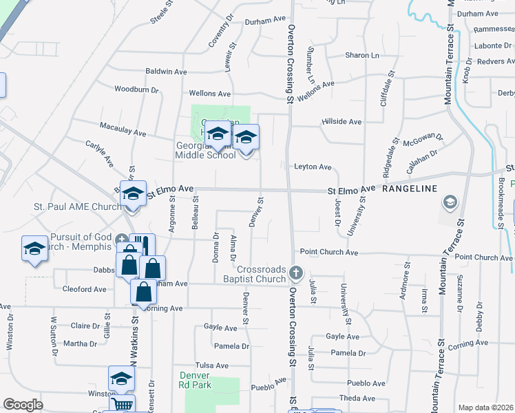 map of restaurants, bars, coffee shops, grocery stores, and more near 3841 Denver Street in Memphis