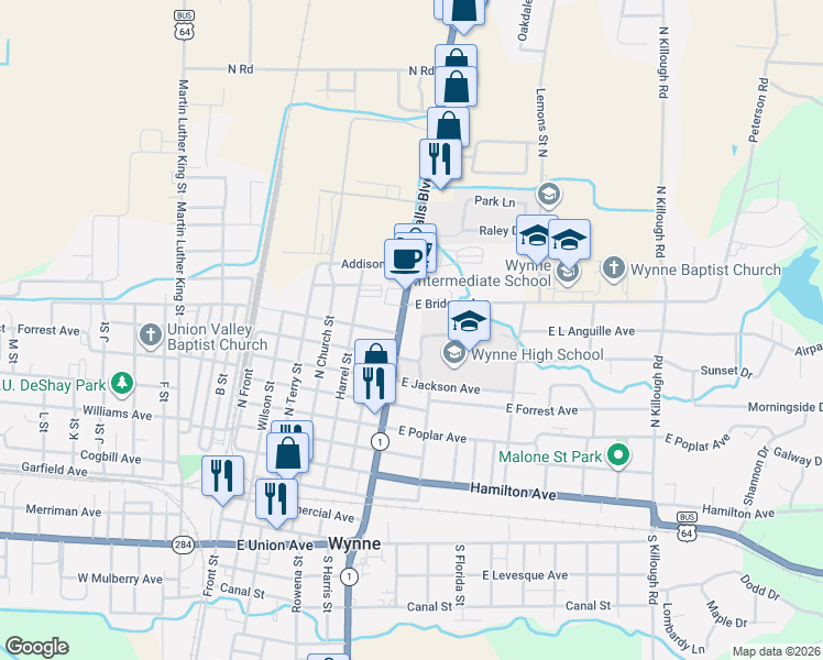 map of restaurants, bars, coffee shops, grocery stores, and more near 1108 Falls Boulevard in Wynne