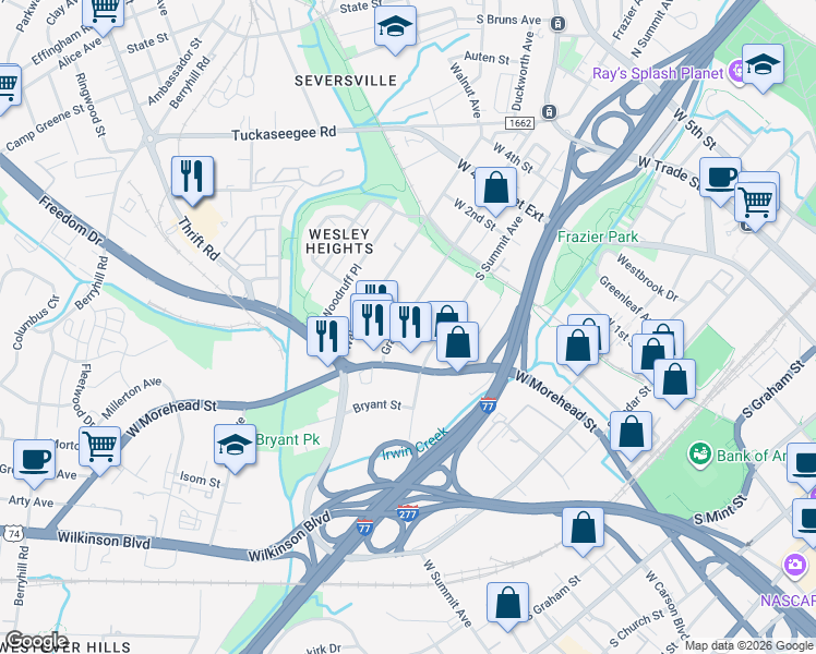 map of restaurants, bars, coffee shops, grocery stores, and more near 716 Grandin Road in Charlotte