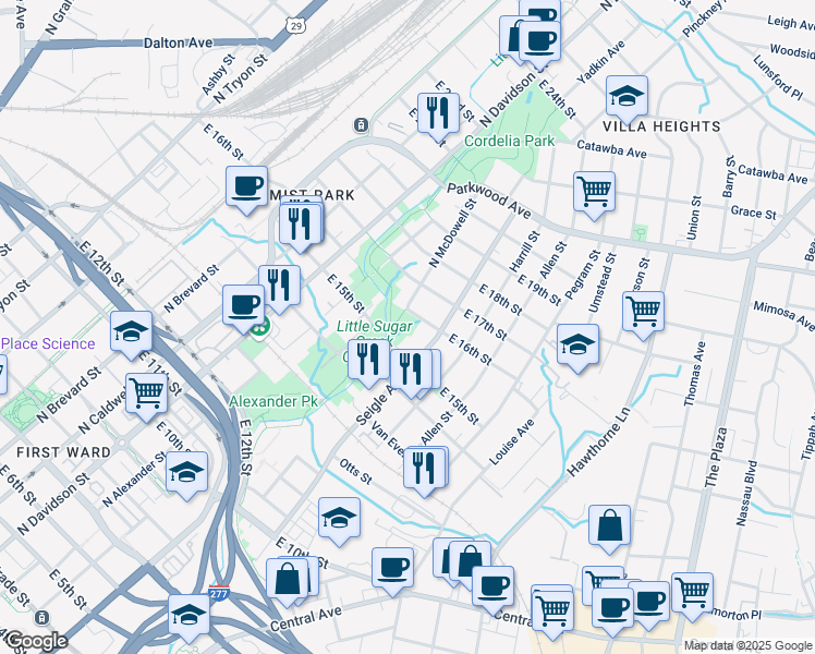 map of restaurants, bars, coffee shops, grocery stores, and more near 806 East 17th Street in Charlotte
