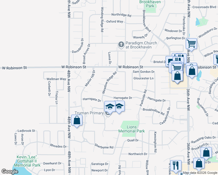 map of restaurants, bars, coffee shops, grocery stores, and more near 4403 Hunters Hill Road in Norman