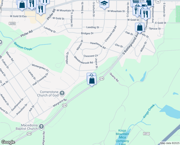 map of restaurants, bars, coffee shops, grocery stores, and more near 806 Hillside Drive in Kings Mountain