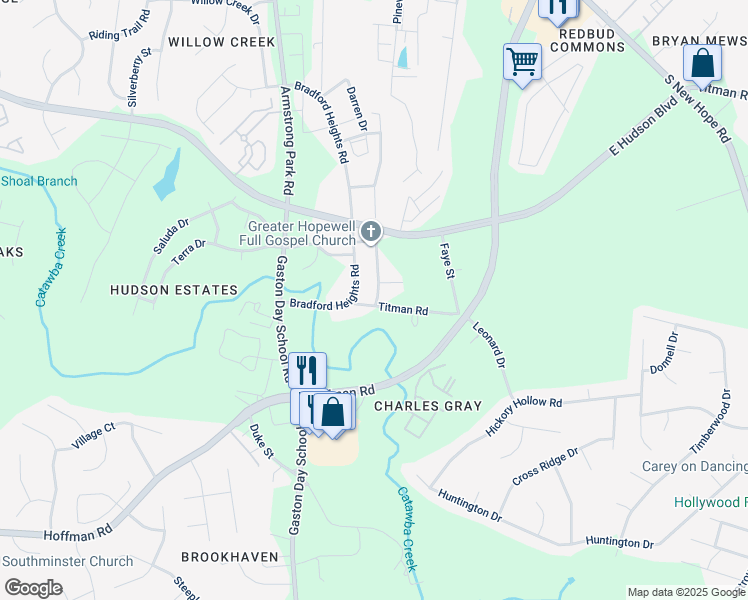 map of restaurants, bars, coffee shops, grocery stores, and more near 3053 Bradford Street in Gastonia