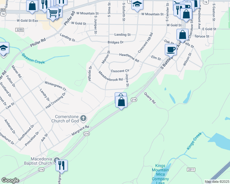 map of restaurants, bars, coffee shops, grocery stores, and more near 806 Hillside Drive in Kings Mountain