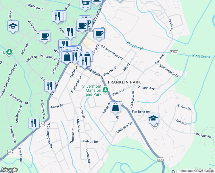 map of restaurants, bars, coffee shops, grocery stores, and more near 401 East Main Street in Brevard