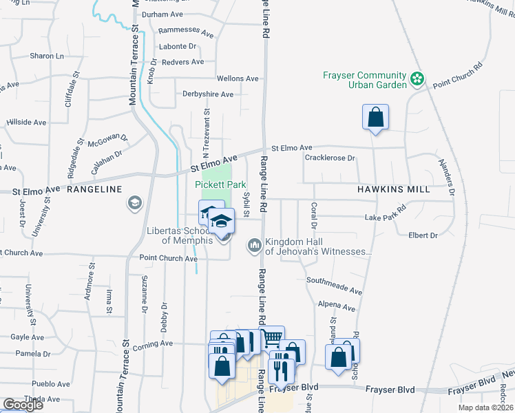 map of restaurants, bars, coffee shops, grocery stores, and more near 3845 Range Line Road in Memphis