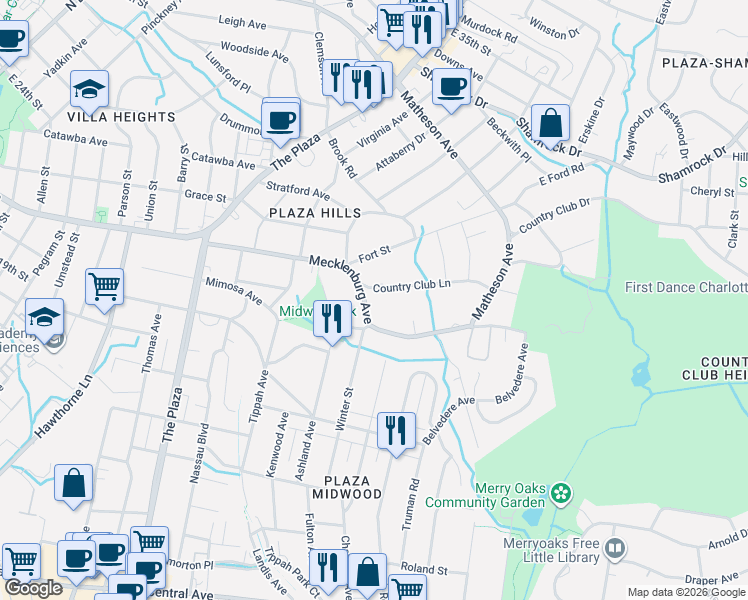 map of restaurants, bars, coffee shops, grocery stores, and more near 2115 Mecklenburg Avenue in Charlotte