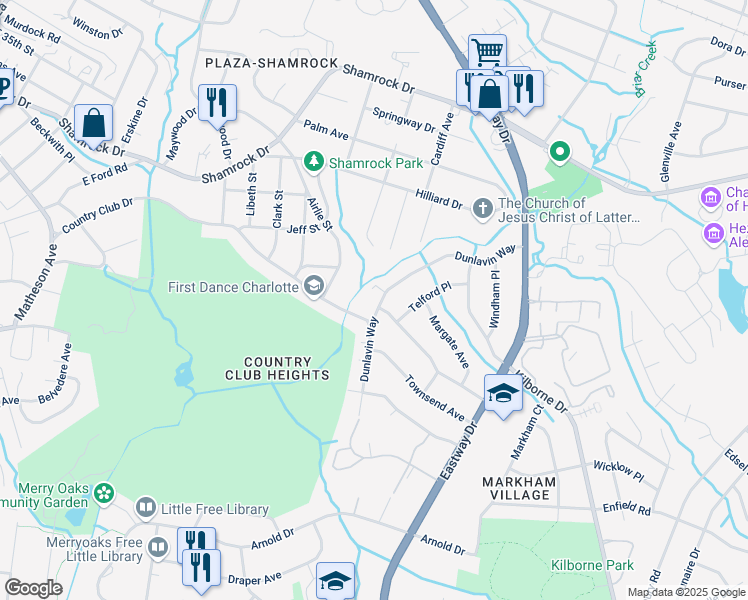 map of restaurants, bars, coffee shops, grocery stores, and more near 2901 Dunlavin Way in Charlotte