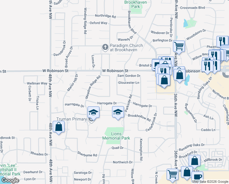 map of restaurants, bars, coffee shops, grocery stores, and more near 1004 Bentbrook Place in Norman