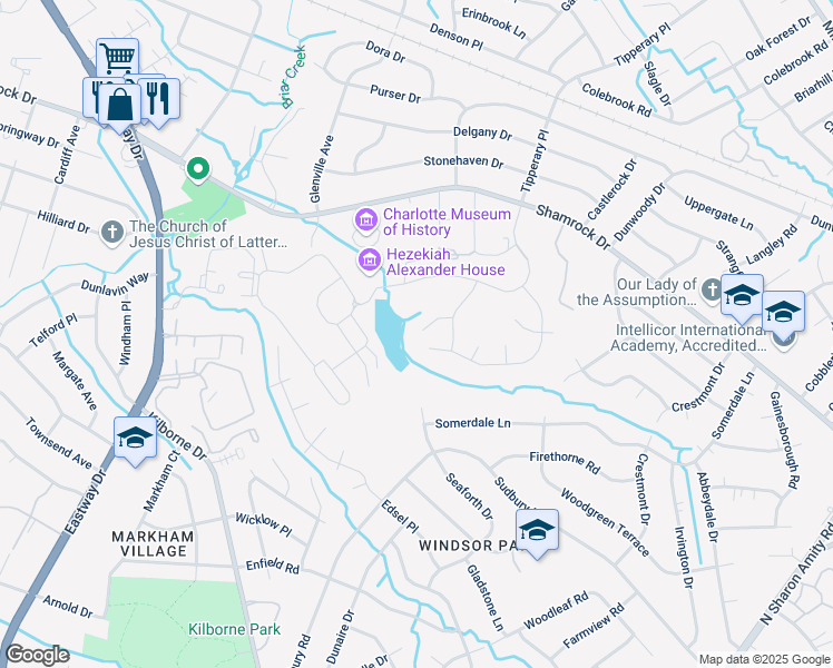map of restaurants, bars, coffee shops, grocery stores, and more near 3703 Cambridge Wood Circle in Charlotte
