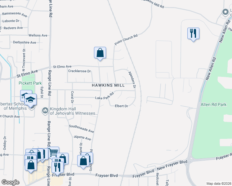 map of restaurants, bars, coffee shops, grocery stores, and more near 2898 Lake Park Road in Memphis