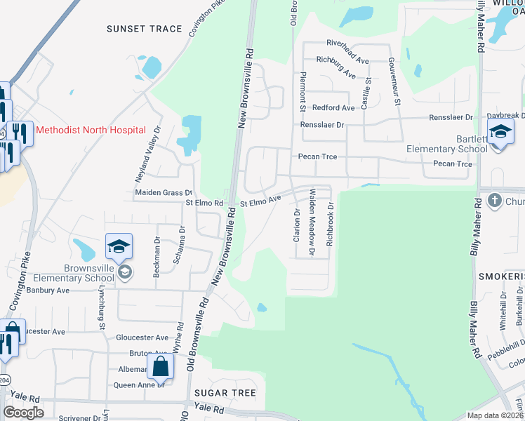 map of restaurants, bars, coffee shops, grocery stores, and more near 3833 Old Brownsville Road in Memphis