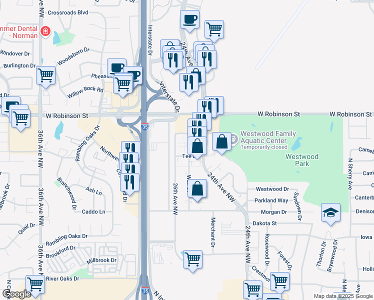 map of restaurants, bars, coffee shops, grocery stores, and more near 1010 24th Avenue Northwest in Norman