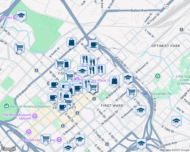 map of restaurants, bars, coffee shops, grocery stores, and more near 516 North Tryon Street in Charlotte