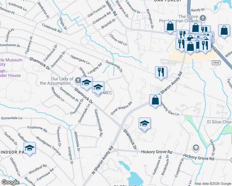 map of restaurants, bars, coffee shops, grocery stores, and more near 3732 Cobbleridge Drive in Charlotte