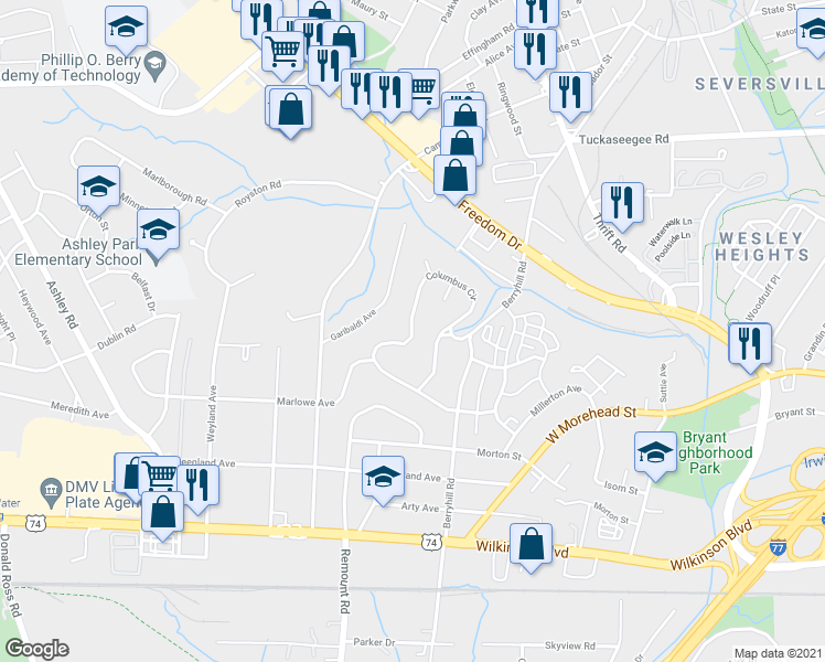 map of restaurants, bars, coffee shops, grocery stores, and more near Columbus Circle in Charlotte