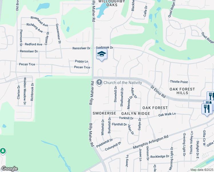 map of restaurants, bars, coffee shops, grocery stores, and more near 3841 Westridge Drive in Memphis