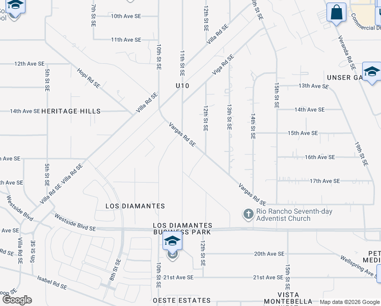 map of restaurants, bars, coffee shops, grocery stores, and more near 1104 Vargas Road Southeast in Rio Rancho