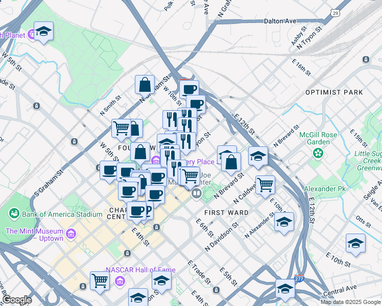map of restaurants, bars, coffee shops, grocery stores, and more near 516 North Tryon Street in Charlotte