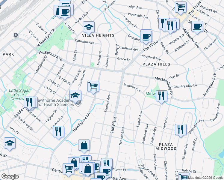map of restaurants, bars, coffee shops, grocery stores, and more near 1605 Belvedere Avenue in Charlotte