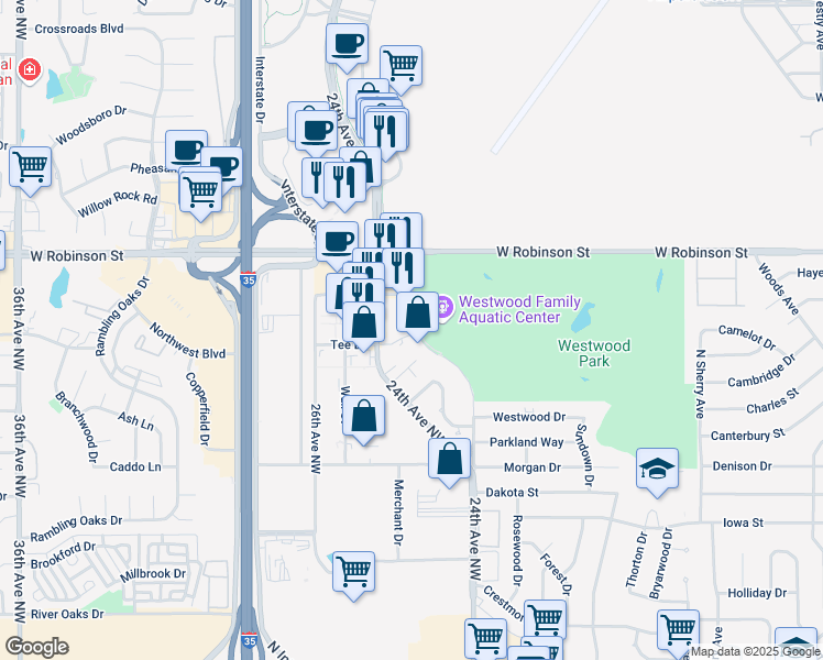 map of restaurants, bars, coffee shops, grocery stores, and more near 2401 Tee Circle in Norman