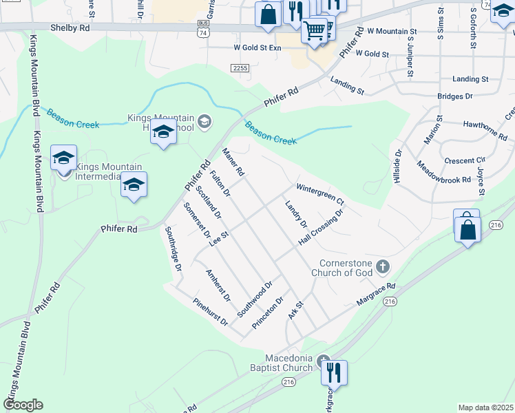 map of restaurants, bars, coffee shops, grocery stores, and more near 401 Maner Rd in Kings Mountain