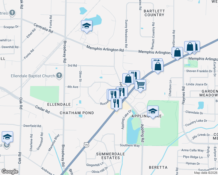 map of restaurants, bars, coffee shops, grocery stores, and more near 7515 4th Avenue in Memphis