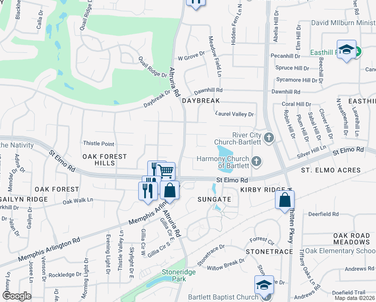 map of restaurants, bars, coffee shops, grocery stores, and more near 3845 North Bluff Point in Memphis