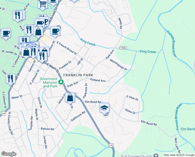 map of restaurants, bars, coffee shops, grocery stores, and more near 91 Outland Avenue in Brevard