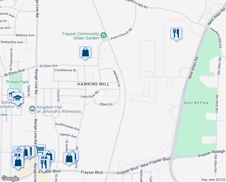 map of restaurants, bars, coffee shops, grocery stores, and more near 2985 Lake Park Road in Memphis