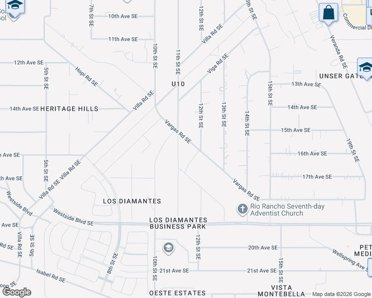 map of restaurants, bars, coffee shops, grocery stores, and more near 1104 Vargas Road Southeast in Rio Rancho