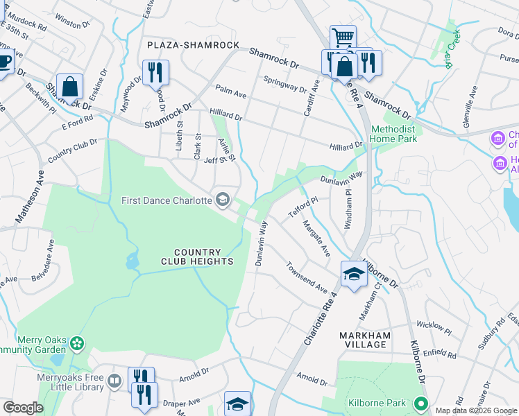 map of restaurants, bars, coffee shops, grocery stores, and more near 2901 Dunlavin Way in Charlotte