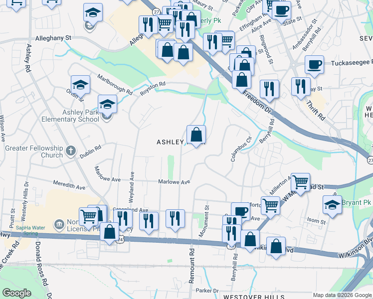 map of restaurants, bars, coffee shops, grocery stores, and more near 1933 Garibaldi Avenue in Charlotte
