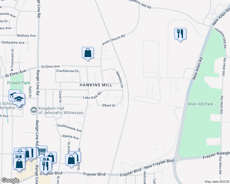 map of restaurants, bars, coffee shops, grocery stores, and more near 2985 Lake Park Road in Memphis
