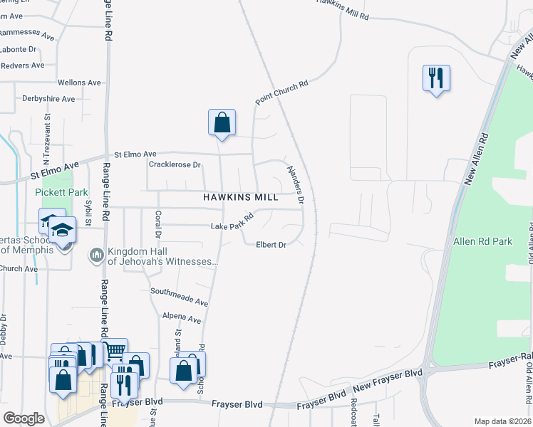 map of restaurants, bars, coffee shops, grocery stores, and more near 2939 Lake Park Road in Memphis